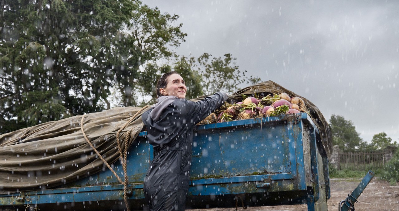 Female farmer in the rain covering truck of potatoes with with a waterproof cloth.