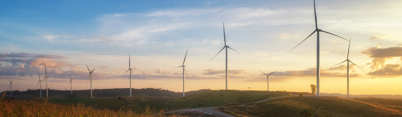 Wide landscape view of a windfarm with several wind turbines.